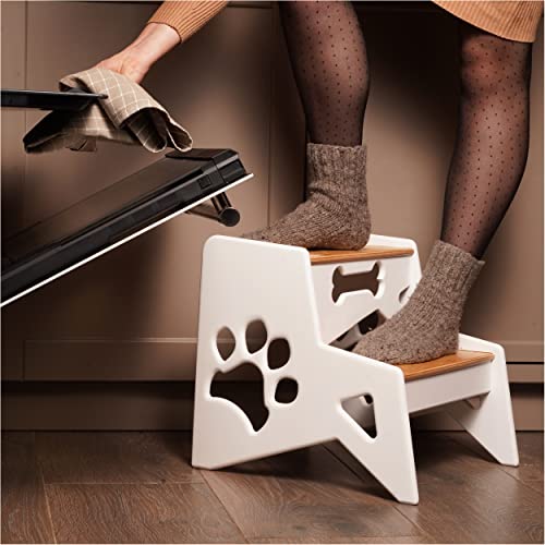 Wooden 2 Step Stool for Toddlers and Adults, Small Footstool Helper, Two Steps Ladder stools, Child for Kitchen Bathroom Garden, Stepping Seats (White with paw)