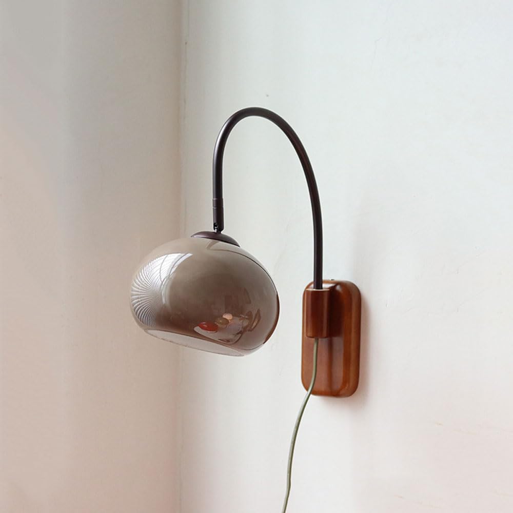 Modern Decoration Wall Sconce Mid Century with White Milk Glass Vintage Industrial Wood Wall Light Hardwired Smoke Grey Amber Farmhouse Reading Wall Lamp for Bedroom Living Room Bedside