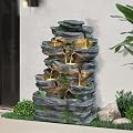 Dephet 7-Tiers Cascading Rock Water Fountain Outdoor - Waterfalls Fountains with LED Lights, Outdoor/Indoor Floor Standing Resin Water Feature Fountain for Patio Garden Backyard Porch Home Decor