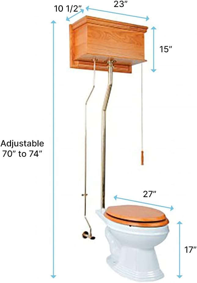 Adjustable Height (70" - 74") High Tank Pull Chain Toilet - Light Oak Wooden Flat High Tank - Brass L Pipe And Elongated Toilet Bowl - Renovators Supply Manufacturing