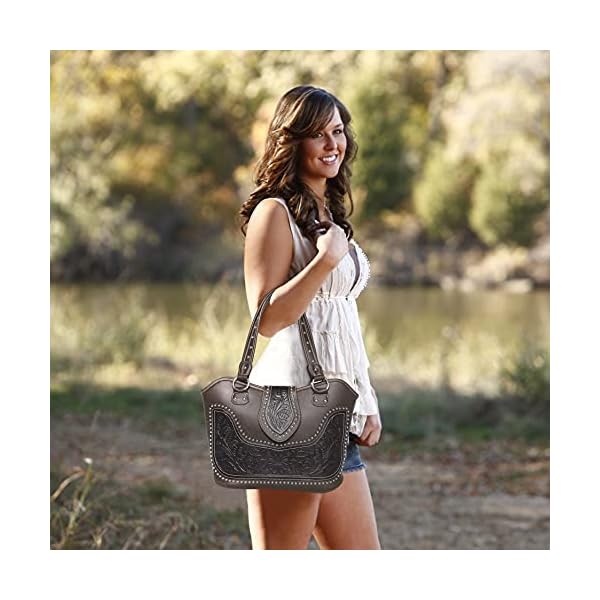 Montana-West-Womens-Western-Handbag-Leather-Shoulder-Bag-Tooled-Concealed-Carry-Purse-with-Detachable-Holster Montana West Western Handbag Tooled Shoulder Bag Leather Tote Bag with Detachable Holster for Women WRLH-8005CF