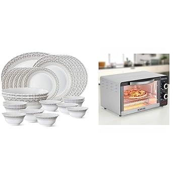 Classic Opalware Dinner Set, 27-Pieces, White+Borosil Prima 10 L OTG, with 3 Cooking Modes, 1000 W, Silver