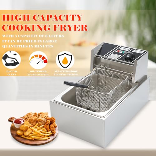 12L/6L Deep Fat Fryer, Electric Deep Fryer w/Non-Slip Easy Clean Adjustable Temperature Control Stainless Steel Fryer with Basket & Lid (6L) - Image 3