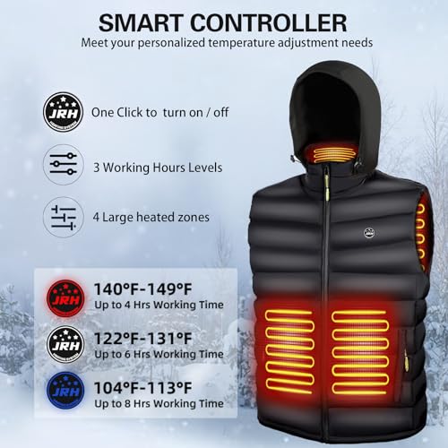 Image of JRH Men's Heated Vest with Retractable Hood, Lightweight Heated Vest for Men and Women with 10000mAh Battery Pack Included