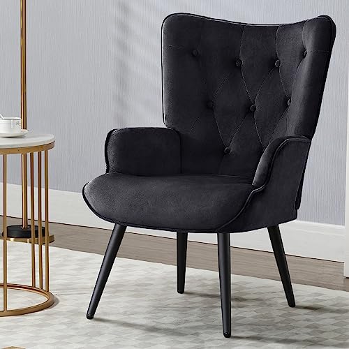 Furniliving Velvet Accent Chair Modern Upholstered Side Armchair With Tapered Legs Tufted Button Wingback Sofa Chairs Tall Back Reading For Living Room Bedroom Waiting Room, Black #TOP6