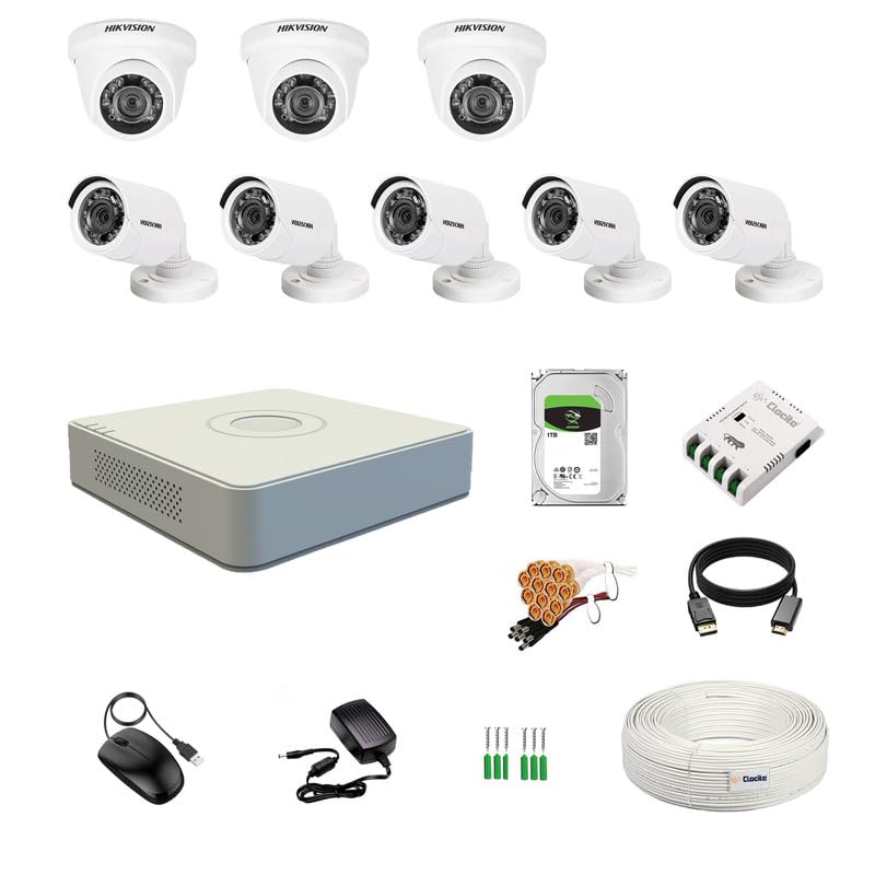 Clocite HIKVISION 8 Channel DVR with 2MP 3 Dome & 5 Bullet Cameras (Day/Night Vision) + 1TB HDD + Cable Roll (1+3) 8 CH Power Supply + BNC & DC Full Combo Kit
