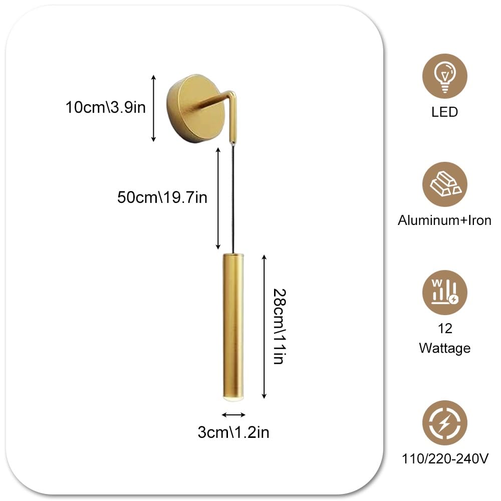 Applique da Parete a LED con Tubo Lungo, Lampada Moderna a Sospensione, 12W, apparecchio di Illuminazione per Soggiorno, Camera da Letto, Comodino, corridoio, Cucina, Illuminazione