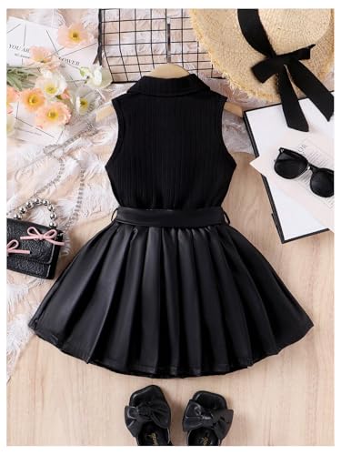 WDIRARA Toddler Girl's 2 Piece Outfits Button Collar Tank Top Pleated Pu Leather Aline Skirt Set2