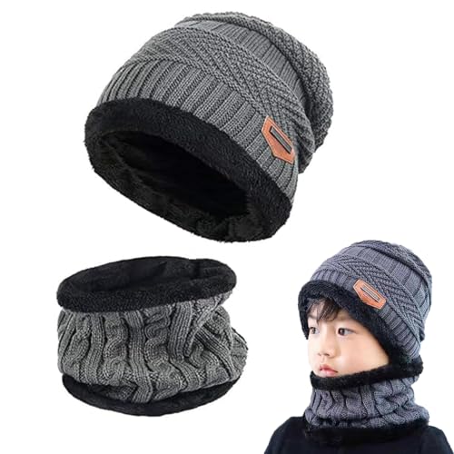 Gxlaihly Gorro de invierno para niños,Conjunto de Gorro de Punto Invierno Térmico y Bufanda para Niños,Gorra con bufanda de punto con Forro de Lana para Niños y Niñas, 4-15 años (Gris)