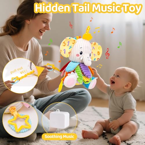 Image of Baby Toys 3-6 Months, Musical Stuffed Elephant Toddler Toy for Newborn Infant 3 6 9 12 Months, Tummy Time Toys Montessori Sensory Toys 0-6 6-12 Months, Crinkle Paper, Mirror Soothing Music Shower Gift