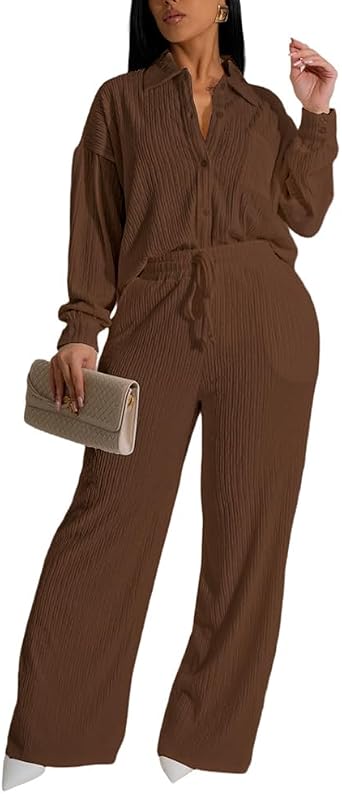 XYGJZ Womens 2 Piece Outfits Casual Ruched Long Sleeve Sweatsuits Loose Elastic Waisted Wide Leg Pants Sets