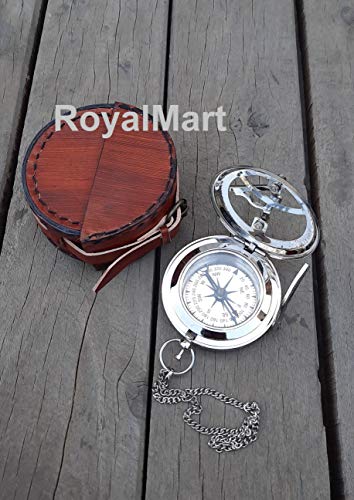 Brújula de latón Royalmart con reloj de sol, mecanismo de botón de presión y grabado vintage estilo steampunk miniatura 4