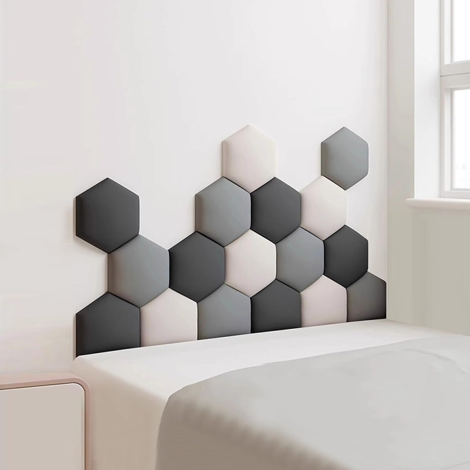 17 Pack Hexagon Upholstered Wall Panels - Self-Adhesive 3D Nursery Decor, Anti-Collision Wall Stickers, Wall Mounted Padding, Headboard Cushioning - Dark Gray, Gray, White, 150x87cm