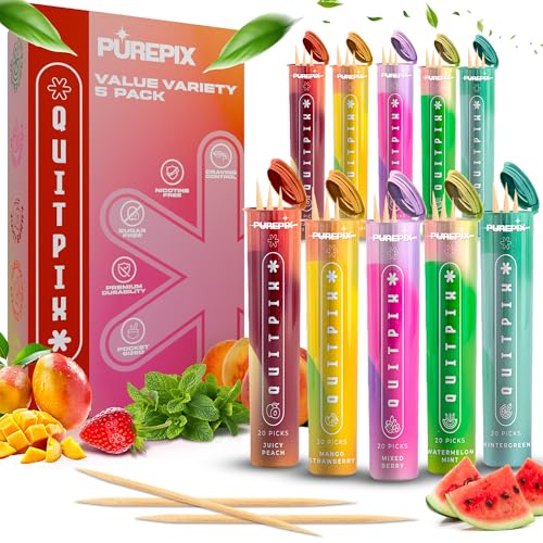 Image of QuitPix to Help Quit Smoking Extra Thick Flavored Toothpicks with NAC & L-Theanine, That can Help Quit Smoking - Oral Fixation - Nicotine Free - Kosher, Vegan, 5 Flavors Variety Pack of 2, Made In USA