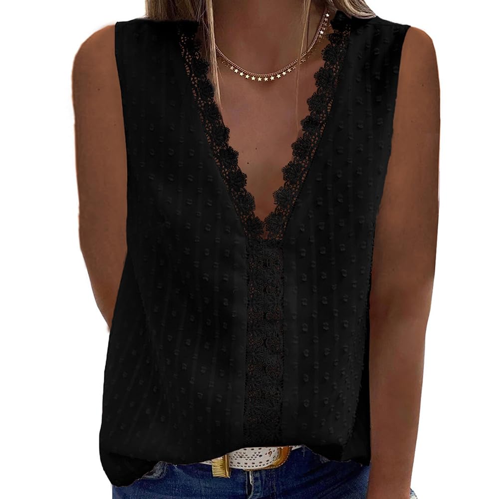 Coloody Blusa con Cuello en V para Mujer Camisa de Encaje Manga Corta Túnica de Color Sólido Tops