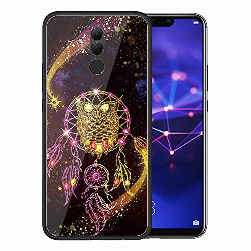 Urhause Tempered Glass Cover Compatible with Huawei Mate 20 Lite Case Glossy Mirror Case Ultra Thin Starry Sky Hard Cover Owl Tempered Glass + Soft Silicone Skin Cover Bumper Anti-Scratch Cover