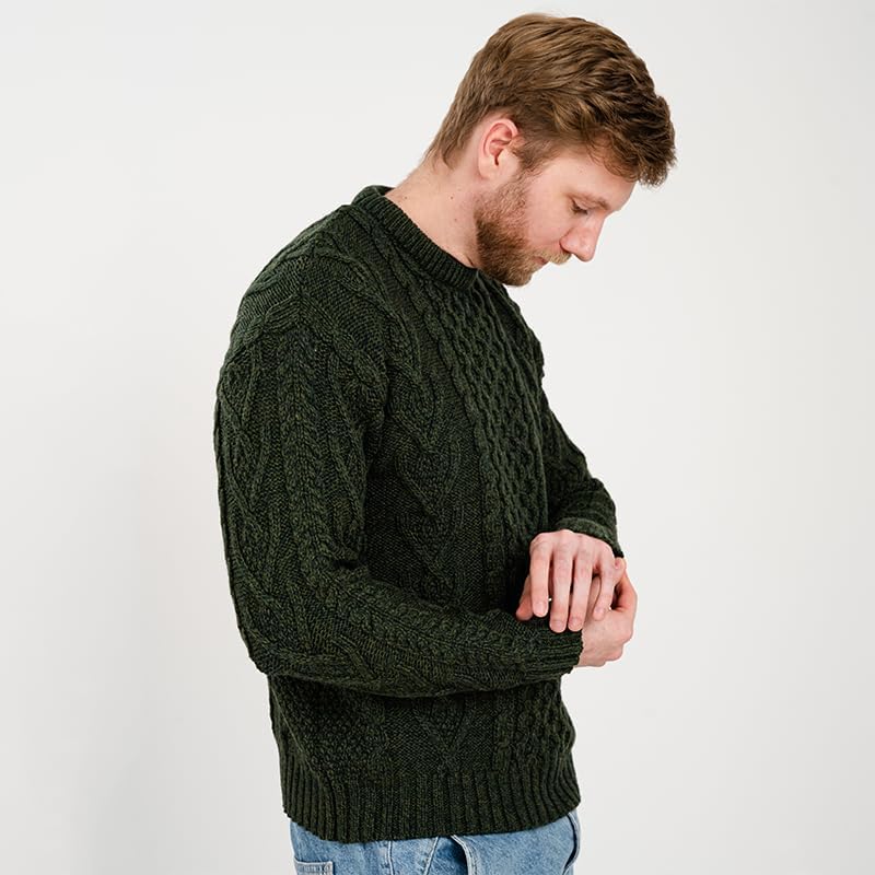 SAOL 100% Merino Wool Men's Irish Traditional Aran Crew Neck Cable Knit Sweater Pullover - Image 3