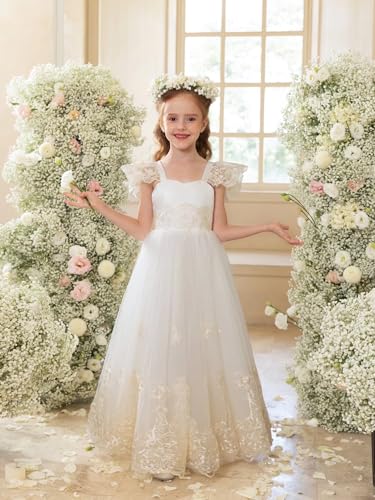 MCieloLuna Girls Lace Applique Flower Girl Dresses for Wedding 2025 First Communion Dress Party Maxi Gown Tie Back2