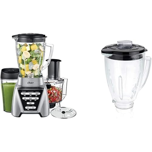 Oster Blender | Pro 1200 with Glass Jar, 24-Ounce Smoothie Cup and Food Processor Attachment, Brushed Nickel - BLSTMB-CBF-000 & Blender 6-Cup Glass Jar, Lid, Black and clear