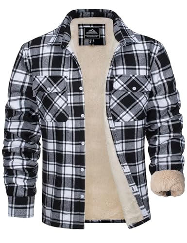MAGCOMSEN Herren Karierte Jacke Winterjacke Übergangsjacke Warm Baumwolle Freizeit Gefüttert Hemd mit Tasche Schwarz XL