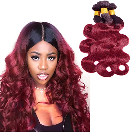 Ombre Human Hair Bundles 1B/99J Two Tone Hair Silky And Soft Remy Hair 3 Bundle Black To Wine Red Brazilian Body Wave Thick Hair Bundles Grade 9A Wet And Wavy 12 14 16 Inch