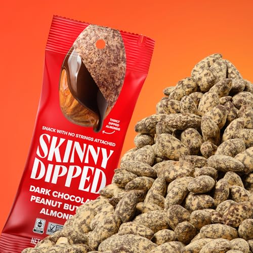 Image of SkinnyDipped Dark Chocolate Peanut Butter Almonds, 1.2oz Bags | 15 Pack | Crunchy Whole Almonds Thinly Dipped in Chocolate | Gluten Free | Plant Protein Snack Packs