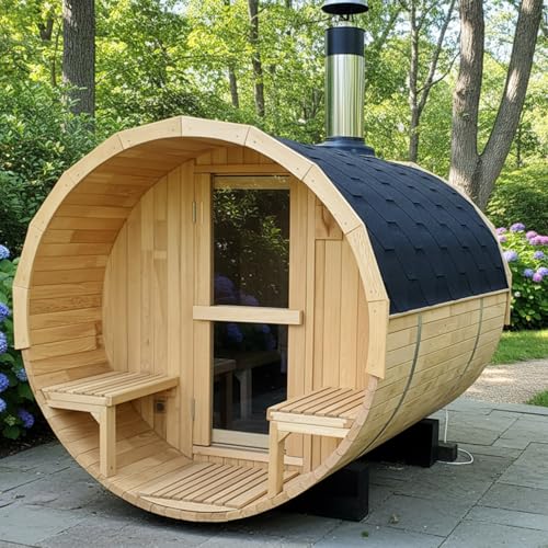 AURGOD Outdoor Barrel Sauna with Porch, Wood Burning Stove Sauna 4 Person, Canadian Hemlock, Chimney Kit, Triple Waterproof System, Double Reinforcement(0-195℉)