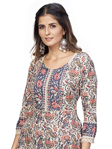 Image of Vbuyz Women's Floral Print Flared Cotton Beige Stitched Dress