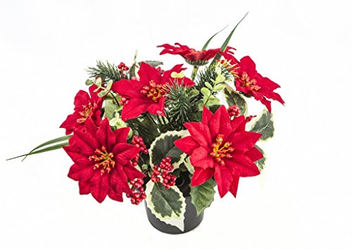 VASO DECORATIVO STELLA DI NATALE E AGRIFOGLIO, PER DECORAZIONI NATALIZIE, PER FUNERAL COMMEMORATIVA