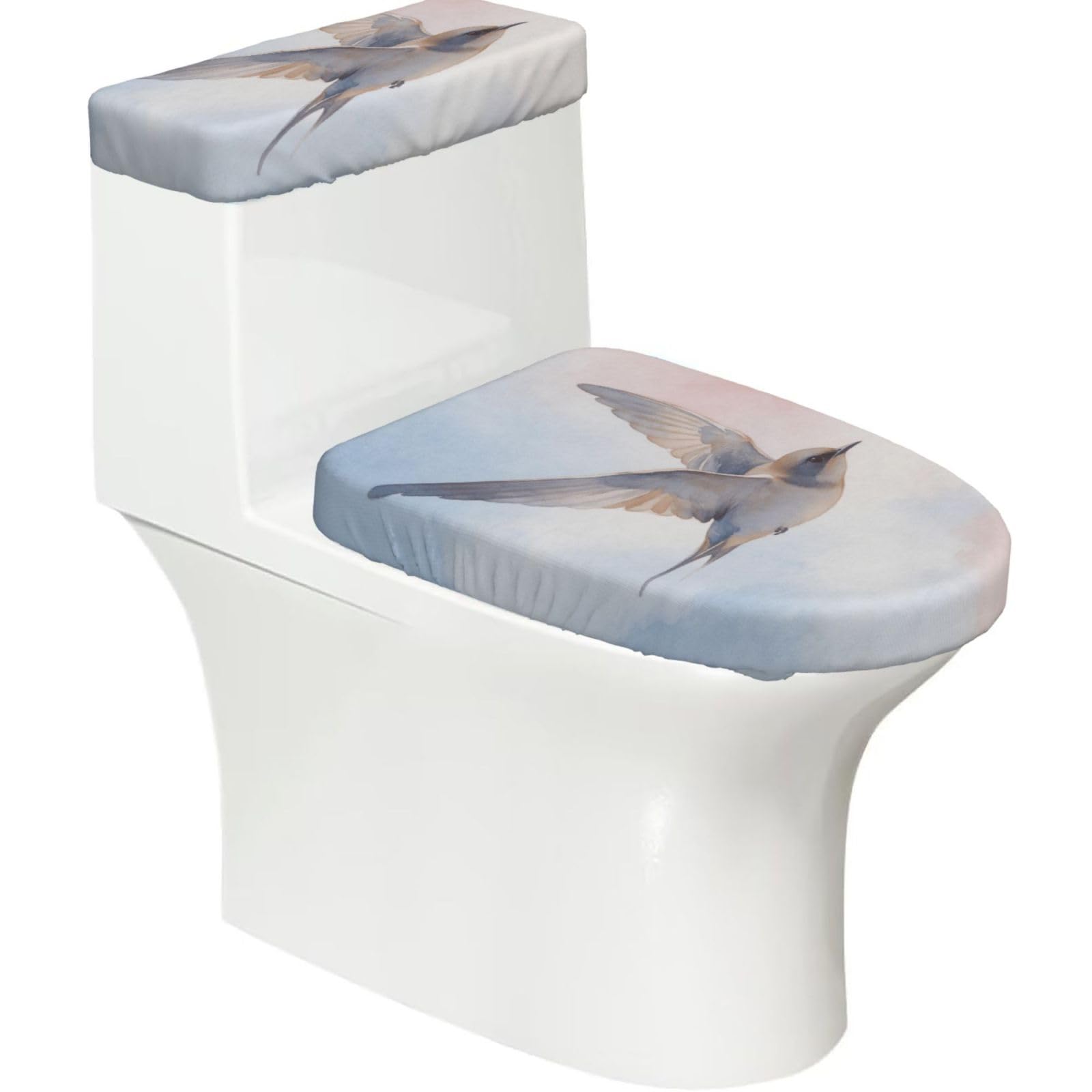 Bird Wash Art Elastic Toilet Cover Set of 2-Stretchy Lid and Tank Covers for Bathroom, Soft Washable U Shape Toilet Decor
