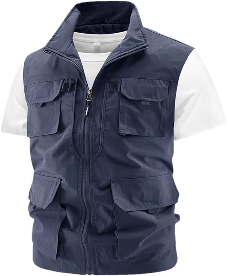 Men’s Multiple Pockets Stand Collar Cargo Vest Summer Outdoor Fishing Photo Mesh Zipper Sleeveless Jacket