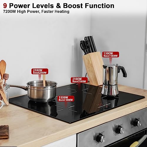 Image of Karinear 30 Inch Induction Cooktop, 4 Burners Electric Stove top, 240V | Sensor Touch Control, 9 Power Level Drop-in Induction Stove top, Child Safety Lock, Timer, 7200w, No Plug(come with a pot)
