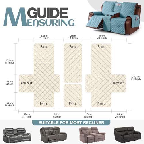 Image of KinCam 100% Waterproof Recliner Loveseat Cover with Console, Non-Slip Reclining Couch Covers for 2 Seat, Recliner Sofa Cover Furniture Protector with Elastic Straps for Kids, Pets, Light Blue