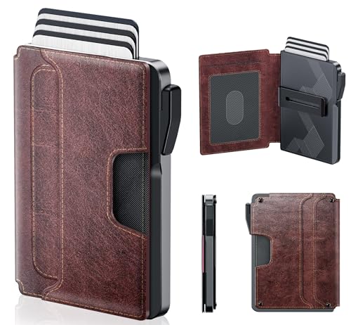 Wallet for Men - Slim Leather Mens Wallet Pop up Card Holder with Money Clip,Credit Card Slots,ID Window - RFID Blocking Minimalist Wallet (Brown Red)