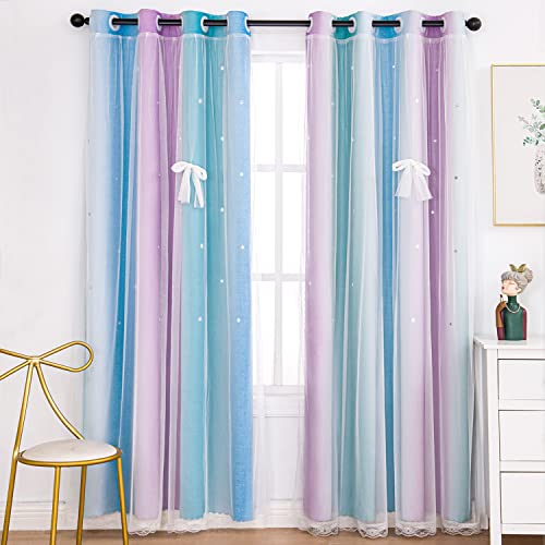 Image of UNISTAR 2 Panels Star Blackout Curtains for Kids Girls Bedroom Living Room Colorful Double Layer Cut Out Stripe Blue and Purple Rainbow Window Home Decoration Curtain W52 x L63 Inch Length
