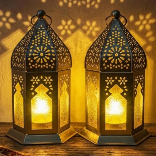 Image of Mini Metal Tea Light Lantern Set of 2 Yellow Candle Holder Home Decor | | Perfect for Living Room, Bedroom, Pooja Space, Festive Decor, Weddings, Housewarming & Gifting Ideal for Diwali, Wedding