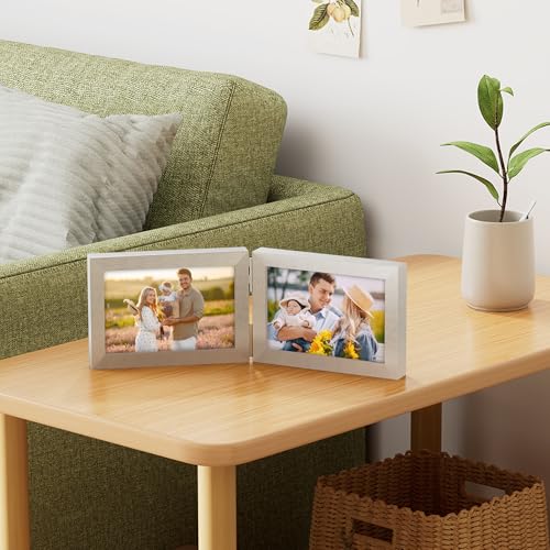 decorUhome Double 6x4 Picture Frame Horizontal, Engineered Wood Bifold Photo Frame with Plexiglass for Tabletop Display, 6x4, Silver