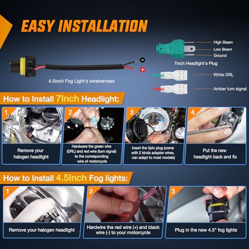 Image of Nilight 7 Inch Motorcycle LED Headlight 4.5 Inch Fog Lights Halo Turn Signal DOT Compatible with Harley Davidson Electra Street Glide Fat Boy Road King Heritage Softail CVO, Chrome