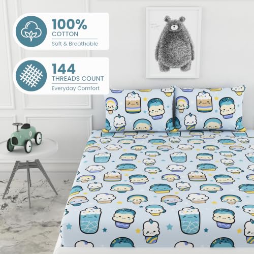 Image of LORETO - A QUALITY LINEN BRAND 144 TC 100% Pure Cotton King Size Fitted Bedsheet with 2 Pillow Covers for 72 x 72 Inch Mattress, All-Around Elastic, 8 Inch Deep Pocket, Kawaii Pastel Sky Drinks