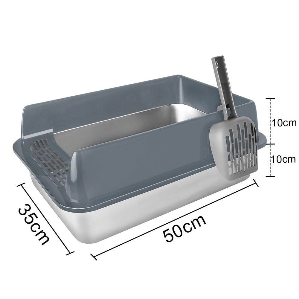 Bac Litiere pour Chat,Grande Litière en Acier Inoxydable pour Chat XXL et Lapins, n'absorbe Pas Les odeurs,Anti-Taches, antirouille, Surface Lisse antiadhésive,avec Pelle (Gris-50 * 35 * 24cm)