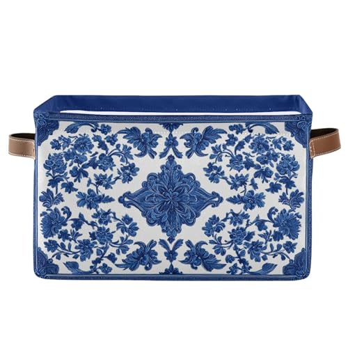 Wamika Blue White Porcelain Storage Basket with Waterproof Liner and PU Handles Flowers Storage Bins Boxes 14.2' Collapsible Decorative Organizer...