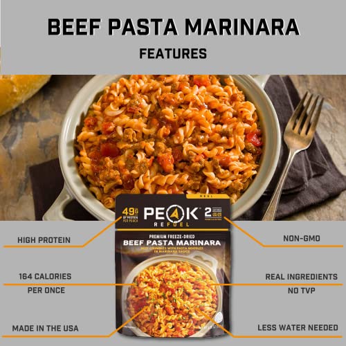 Peak Refuel Beef Pasta Marinara | 49g Protein | 1040 Calories | 100% Real Meat | Premium Freeze Dried Backpacking & Camping Food | 2 Servings | Ideal MRE Survival Meal (2 Serving Pouch)