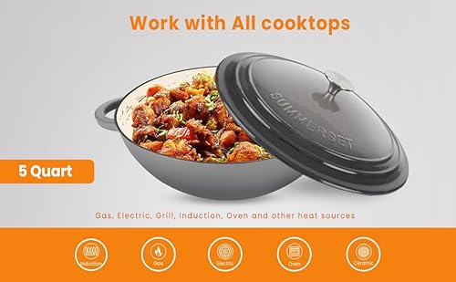 Enameled Cast Iron Casserole Braiser Pan, 5-Quart Spacious —Premium Enamel Cast Iron Pot Seafood Shallow Dutch Oven Cooking, New In Stock, Gray Color #TOP1