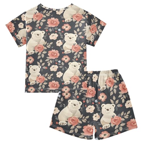 ALAZA Bear Rose Flower Floral Pajamas Short Sleeve 2 Piece Sleepwear Top and Bottom Pajama Set Unisex2