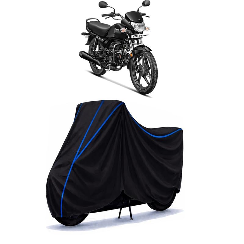 Image of Hero HF Deluxe Drum Self Alloy Black Bike Cover Water Resistant Universal Motorcycle Rain | Heavy Duty UV Protection, Dust, Scratch Indoor Outdoor All Weather with Black Blue Piping Elastic