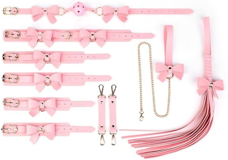 Macaron Color Theme SM Tools Set with Enticing Butterfly Collar, Bondage Handcuffs, and Fringe Whip (Pink)