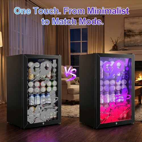 Image of Small Beverage Refrigerator with LED Light Up Door - 128 Can Freestanding Drink Fridge, Mini Beer Cooler with 4 Removable Shelves, Child Safety Lock for Party Bar Gaming Room,World Cup Edition