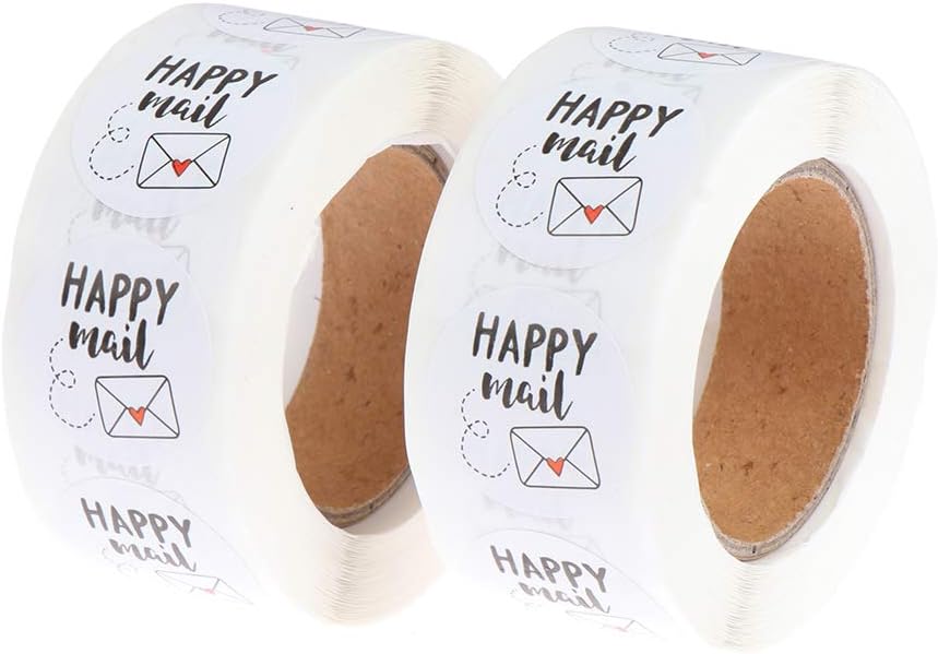 2 Rolls Happy Mail Stickers, 1000 Pcs Adhesive Labels, 1 Inch Round Decorative Sealing Labels, for Christmas Gifts, Halloween Party, Wedding Party Supplies