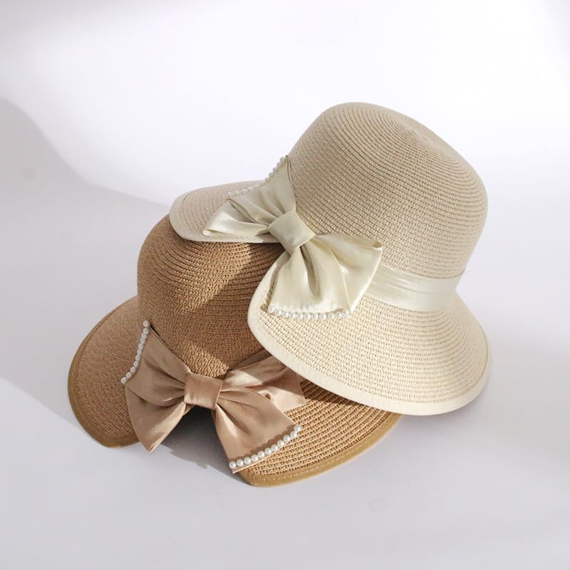 Sombrero de Paja Plegable de Verano,Gorra de Sol Tejido de Paja con Protección UV para Mujer con Decoración de Perla y Lazo de Satén,Sombrero de Playa Tejida Transpirable para Exteriores