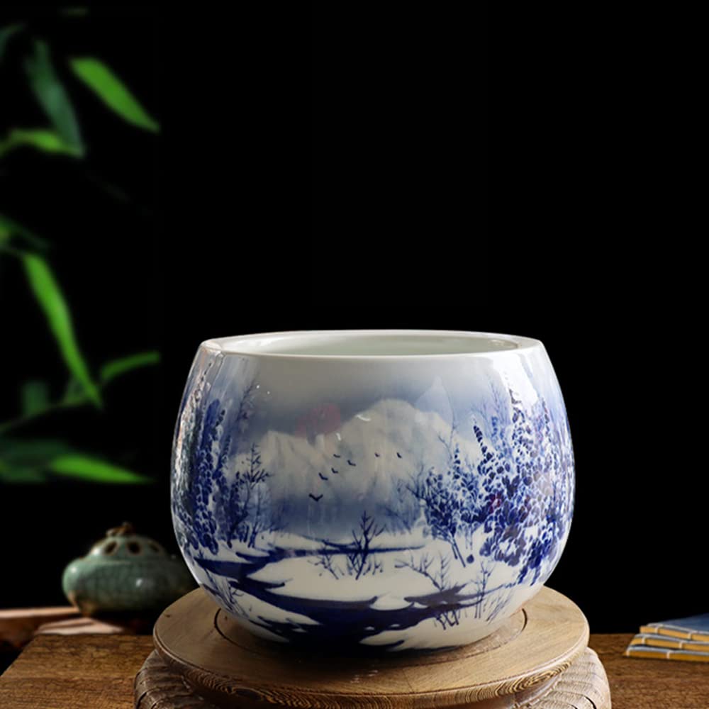 SWENEEN Chinoiserie Hand Painted Blue & White Ceramic Edge Potbelly Shape Fish Bowl Planter Jingdezhen Plant Pot With Drainage Hole Flowerpot Indoor Home Decor,